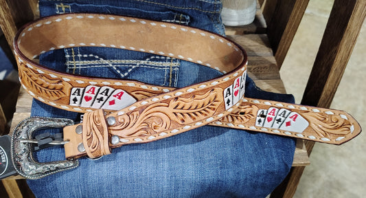 WESTERN 1 3/4" TAPERED FLORAL TOOLED POKER ACES LEATHER BELT