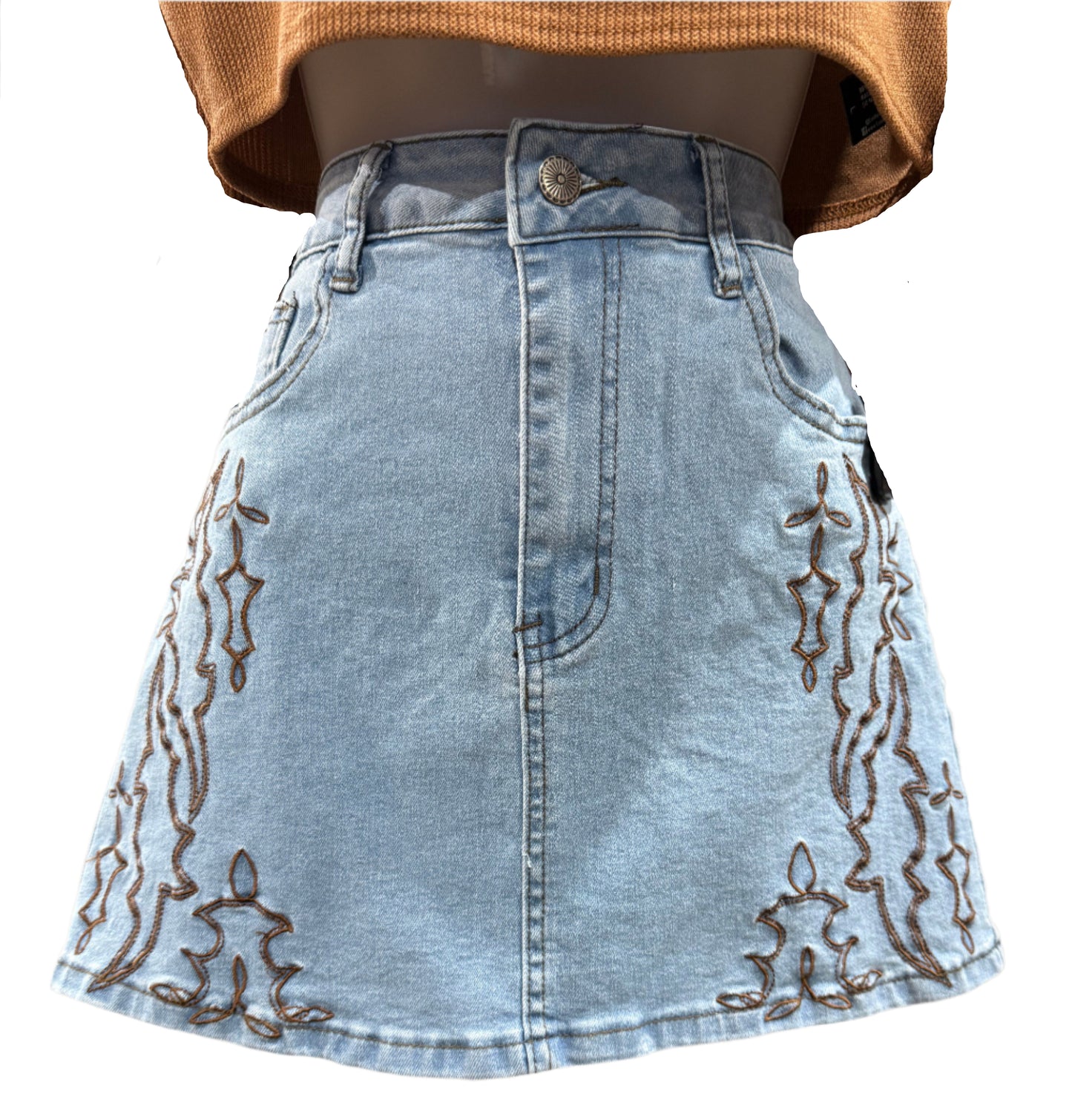 LIGHT WASH BOOT STITCH DENIM MINI SKIRT