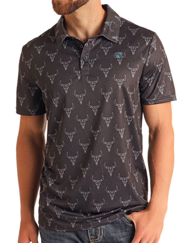 ROCK & ROLL MEN'S LONGHORN PRINTED POLO in BLACK