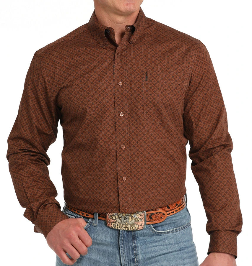 CINCH MEN'S LONG SLEEVE BROWN GEO PRINT MODERN FIT SHIRT