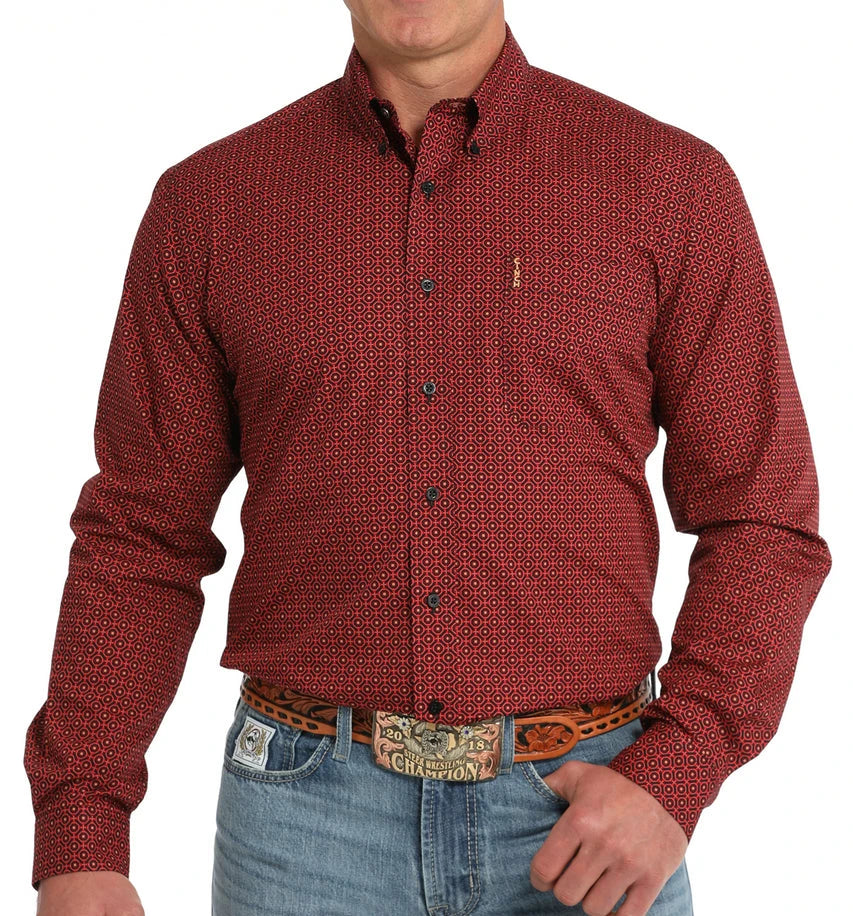 CINCH MEN'S LONG SLEEVE RED GEO PRINT MODERN FIT SHIRT