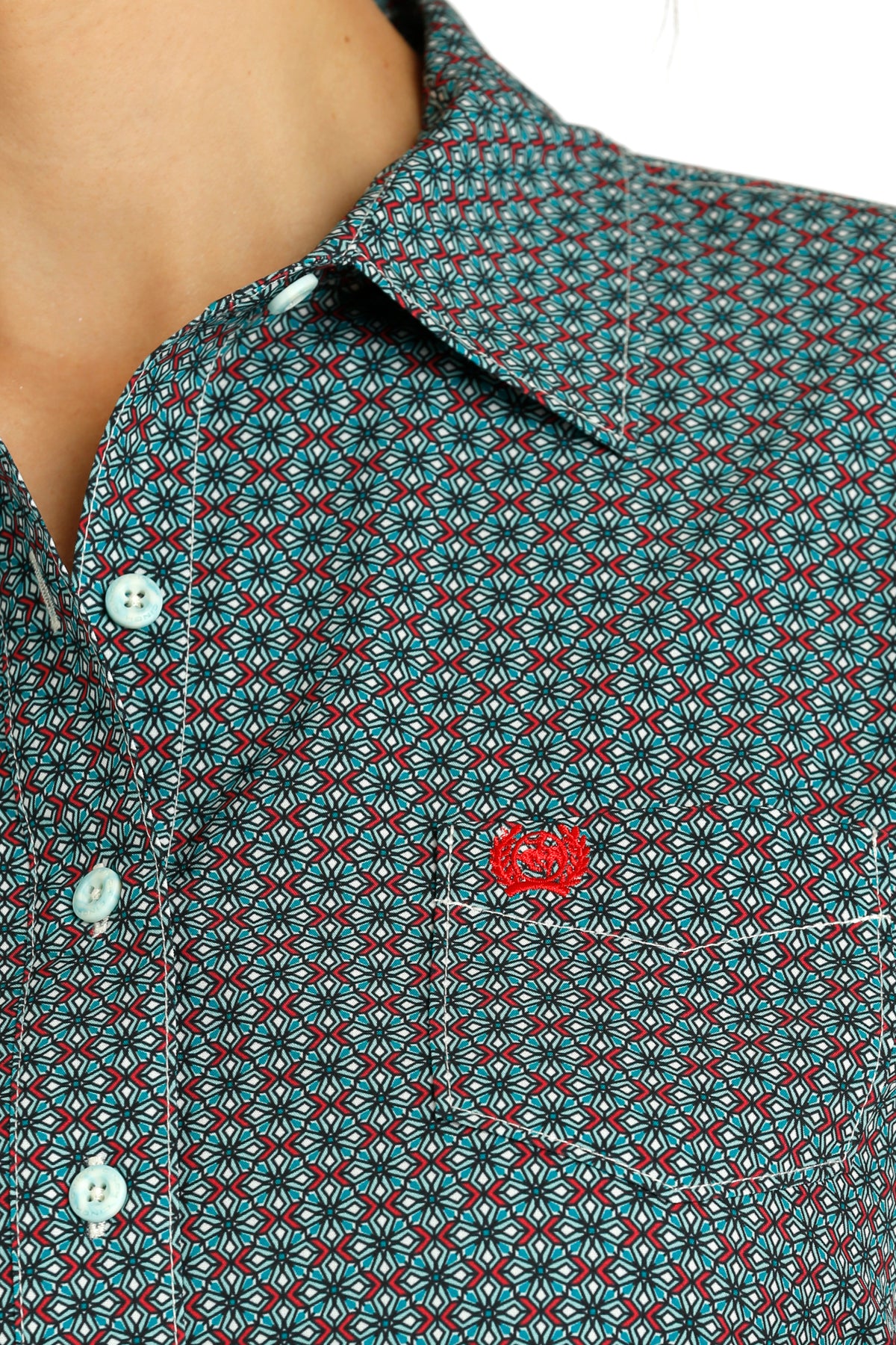 CINCH WOMEN'S ARENAFLEX GEOMETRIC BUTTON-DOWN WESTERN SHIRT - RED/TEAL/WHITE