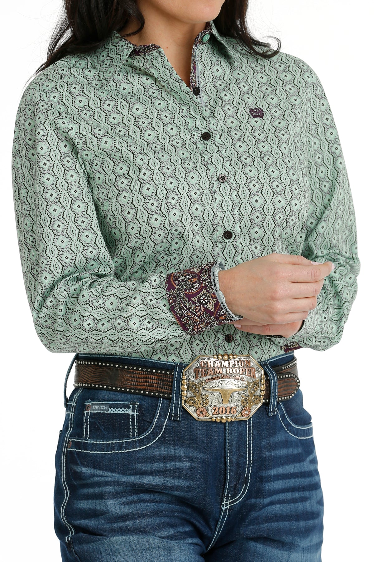 CINCH WOMEN'S BUTTON-DOWN WESTERN SHIRT - LIME GREEN / BROWN