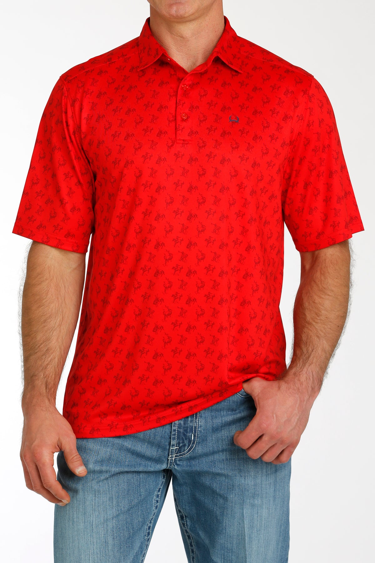 CINCH MENS ARENA FLEX BRONC PRINT POLO SHIRT - RED