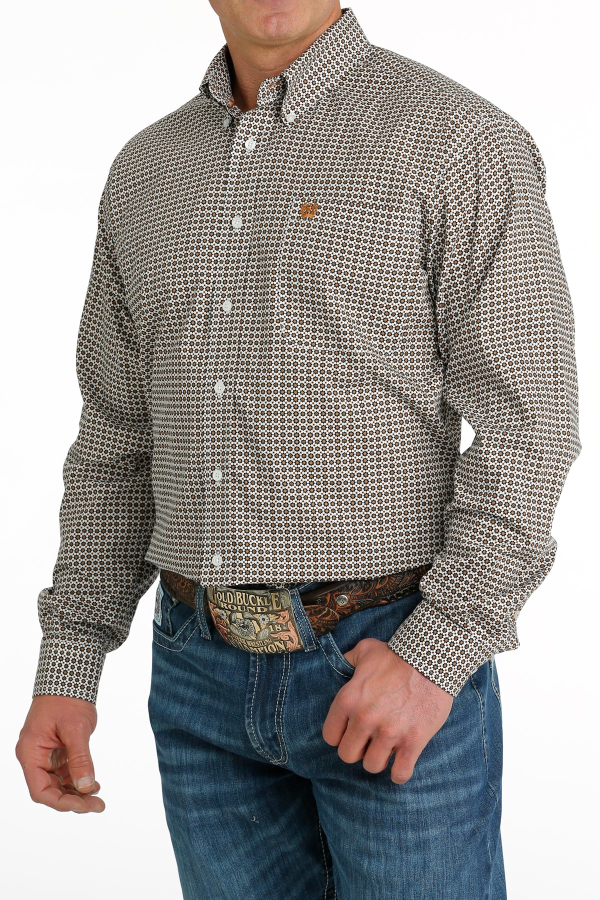 CINCH MEN'S GEOMETRIC PRINT BUTTON-DOWN WESTERN SHIRT - WHITE / GOLD