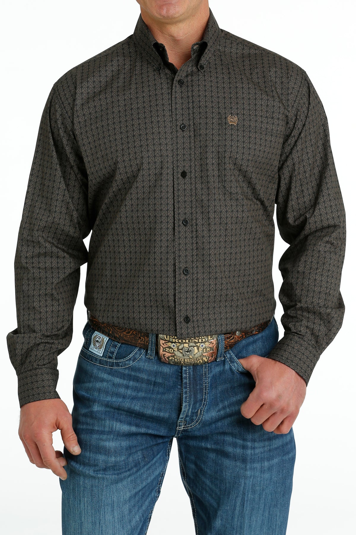 CINCH MEN'S GEOMETRIC PRINT BUTTON-DOWN WESTERN SHIRT - BLACK / GREY