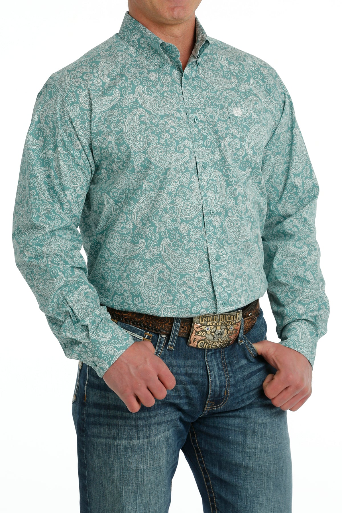 CINCH MEN'S PAISLEY PRINT BUTTON DOWN LONG SLEEVE SHIRT - TURQUOISE