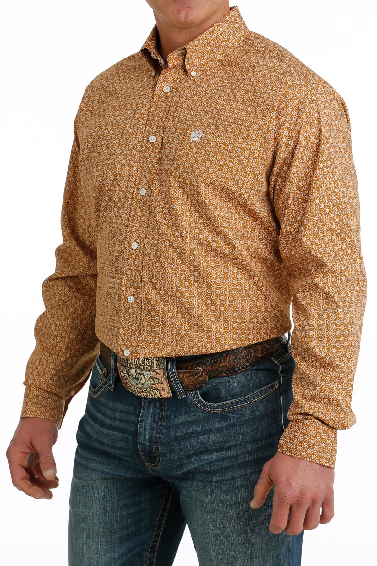 CINCH MEN'S GEOMETRIC PRINT BUTTON-DOWN WESTERN SHIRT - ORANGE / BROWN