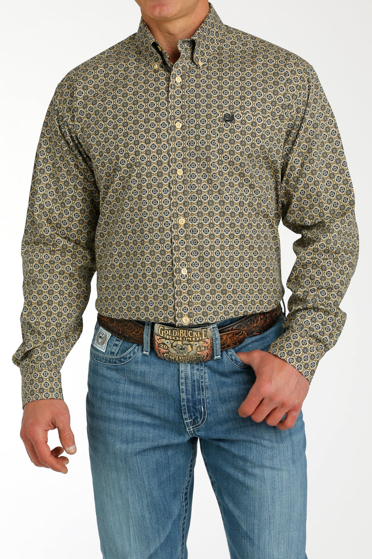 CINCH MEN'S MEDALLION PRINT BUTTON-DOWN WESTERN SHIRT - GOLD