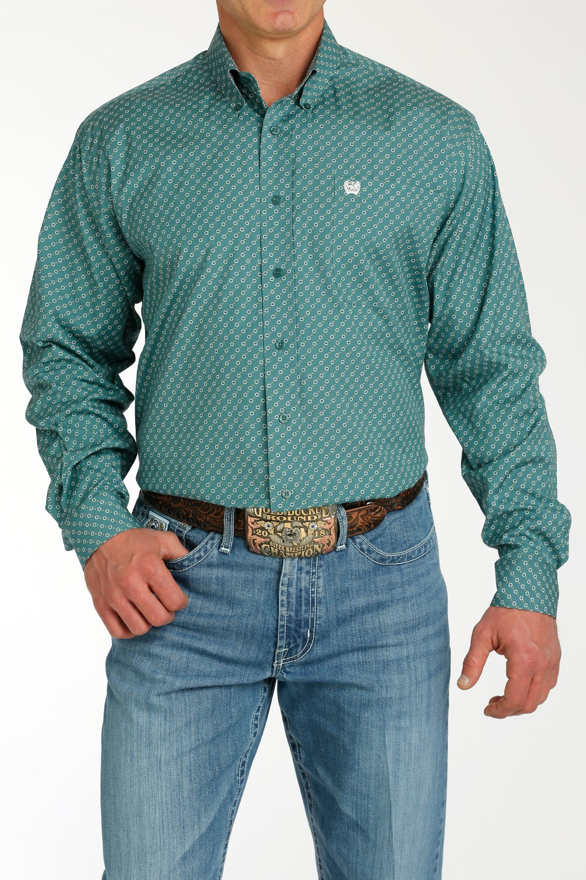 CINCH MEN'S GEOMETRIC PRINT BUTTON-DOWN WESTERN SHIRT - GREEN