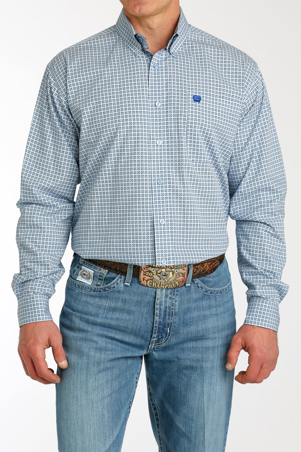 CINCH MEN'S GEOMETRIC PRINT BUTTON-DOWN WESTERN SHIRT - LIGHT BLUE