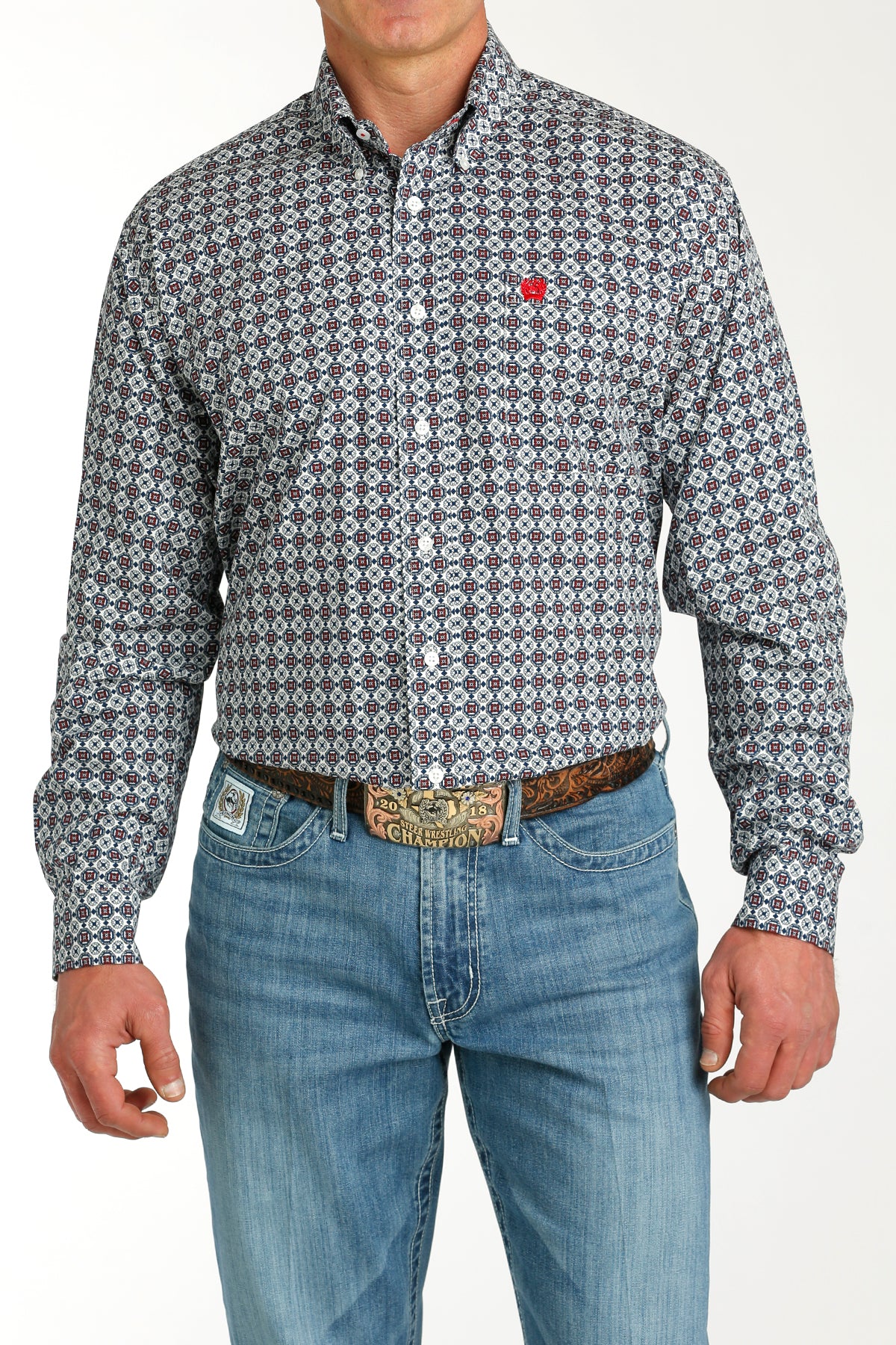 CINCH MEN'S MEDALLION PRINT BUTTON-DOWN WESTERN SHIRT - BLUE/RED