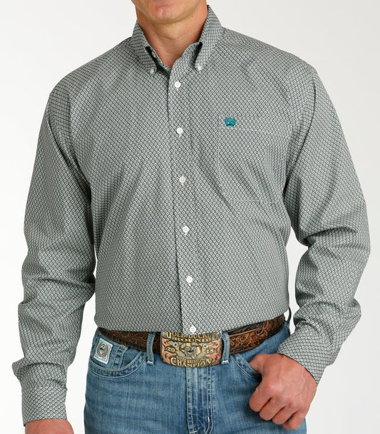 CINCH MEN'S GEO PRINT BUTTON DOWN LONG SLEEVE SHIRT - CREAM/ BLUE