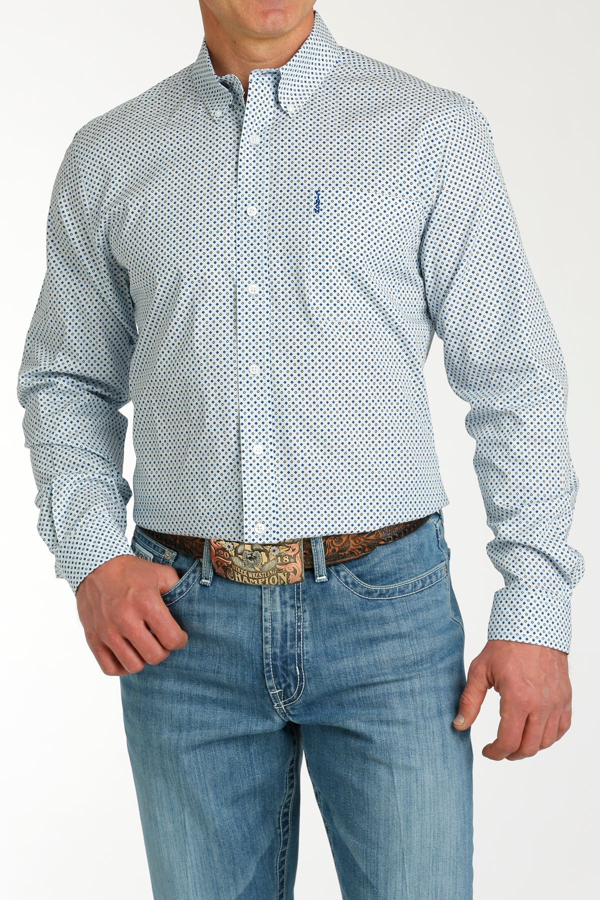 CINCH MEN'S MODERN FIT GEOMETRIC BUTTON-DOWN WESTERN SHIRT - LIGHT BLUE