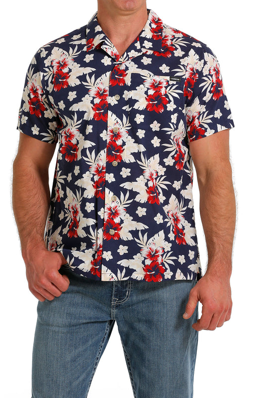 CINCH MEN'S FLORAL PRINT SHORT SLEEVE CAMP SHIRT -NAVY /RED/ WHITE