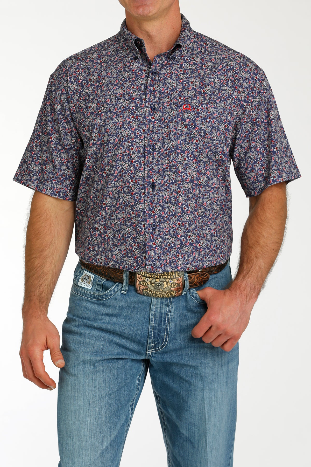 CINCH MENS ARENA FLEX PAISLEY PRINT SHORT SLEEVE SHIRT - NAVY