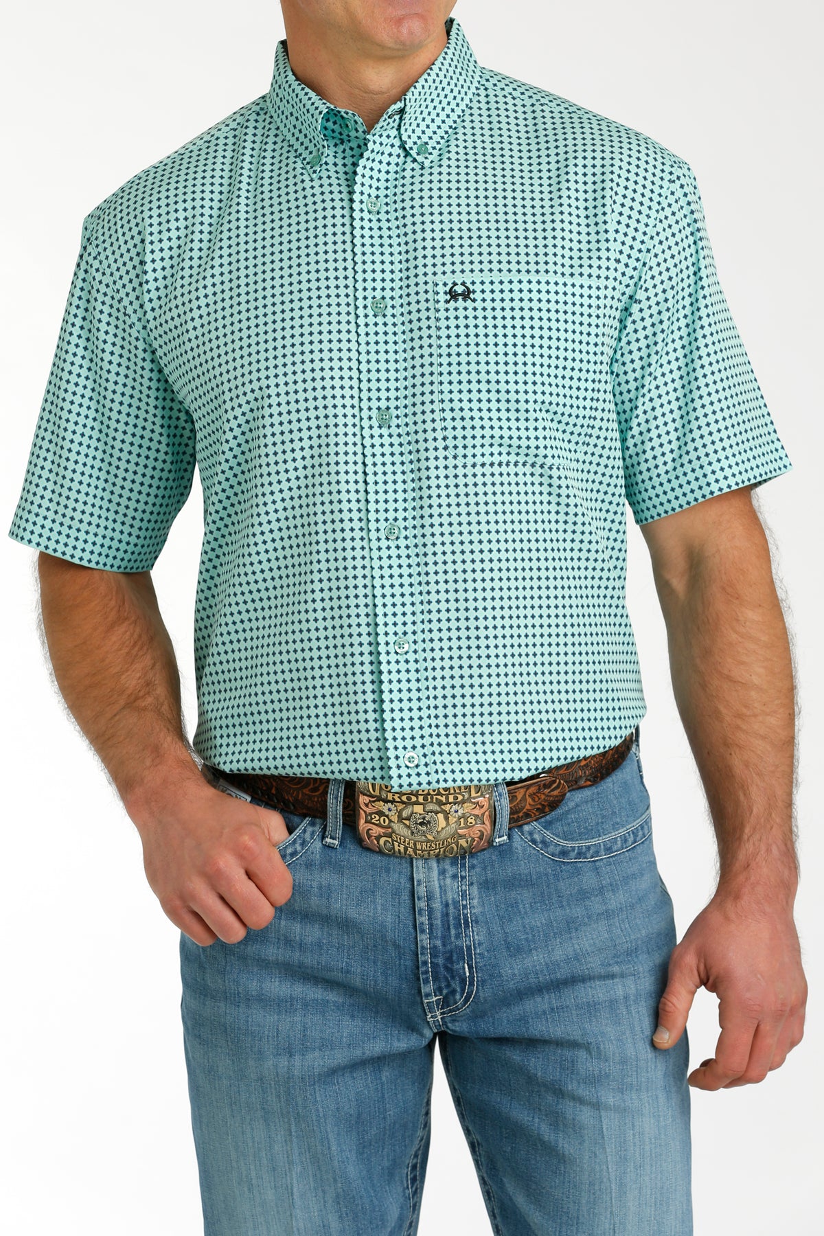 CINCH MEN'S ARENAFLEX GEO SHORT SLEEVE SHIRT STYLE - TURQUOISE