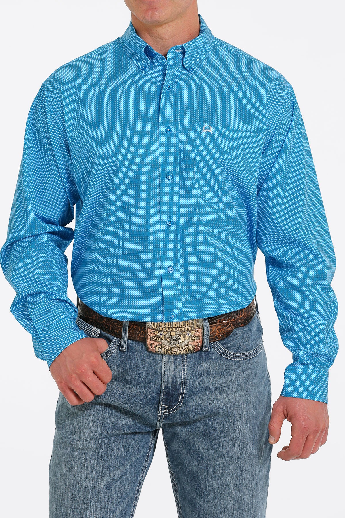 MEN'S CINCH GEOMETRIC PRINT LONG SLEEVE ARENAFLEX BUTTON-DOWN SHIRT - BLUE