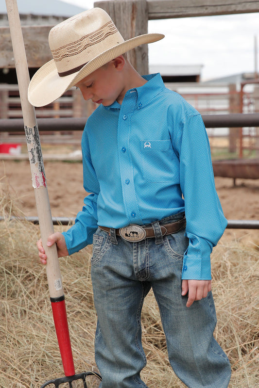 CINCH BOY'S AREMAFLEX GEOMETRIC PRINT BUTTON-DOWN WESTERN SHIRT - BLUE