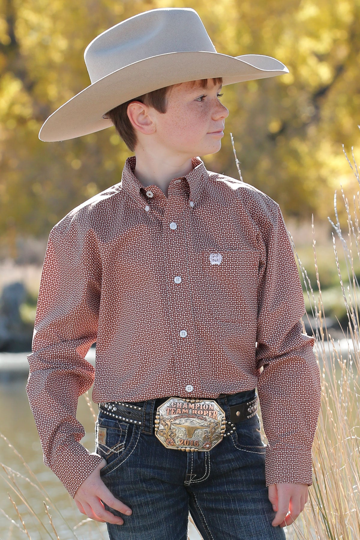 CINCH BOY'S GEOMETRIC PRINT BUTTON-DOWN WESTERN SHIRT - BROWN