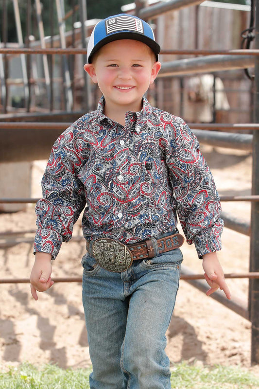 CINCH BOY'S PAISLEY PRINT BUTTON-DOWN WESTERN SHIRT - ROYAL/BLACK/RED