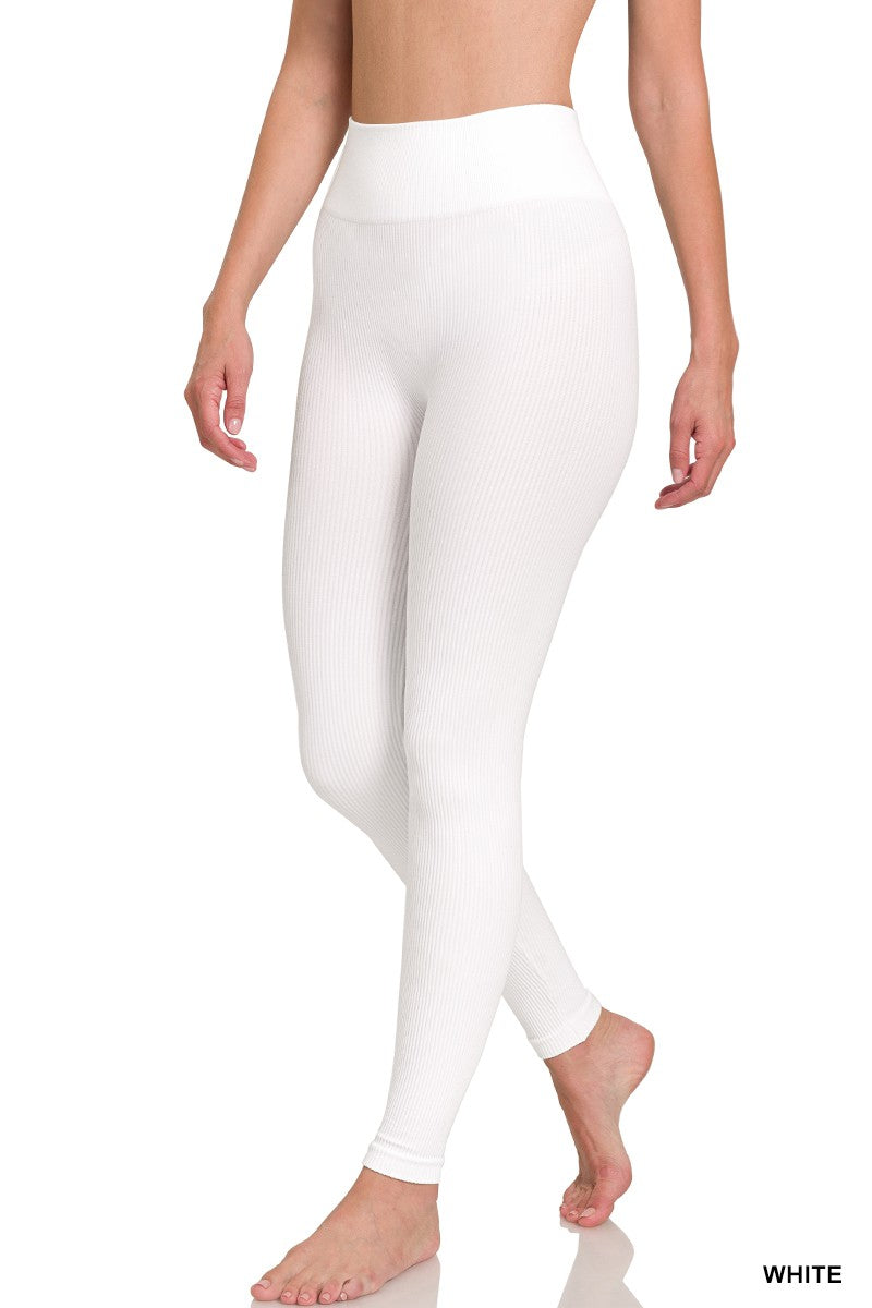 RIBBED SEAMLESS HIGH WAISTED FULL LENGTH LEGGINGS in WHITE