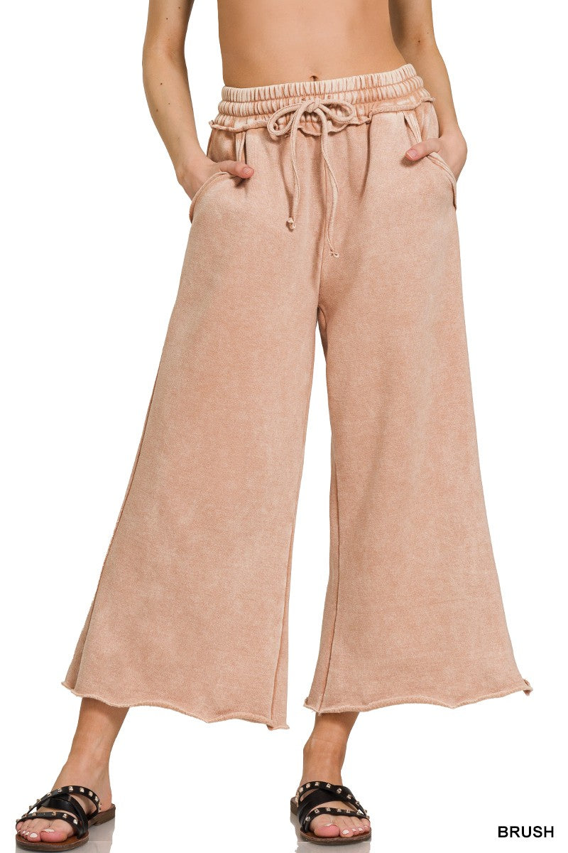 ACID WASH FLEECE CROP PALAZZO SWEATPANTS WITH POCKETS