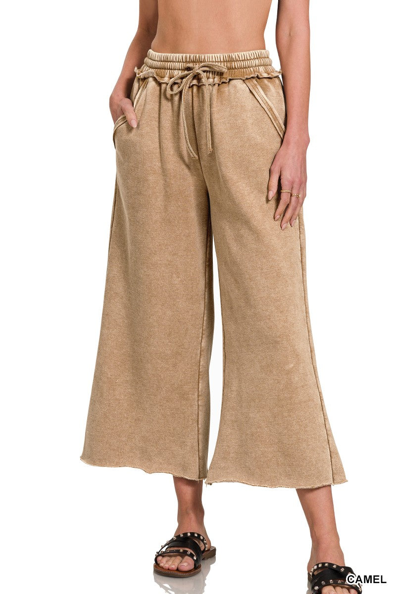 ACID WASH FLEECE CROP PALAZZO SWEATPANTS WITH POCKETS