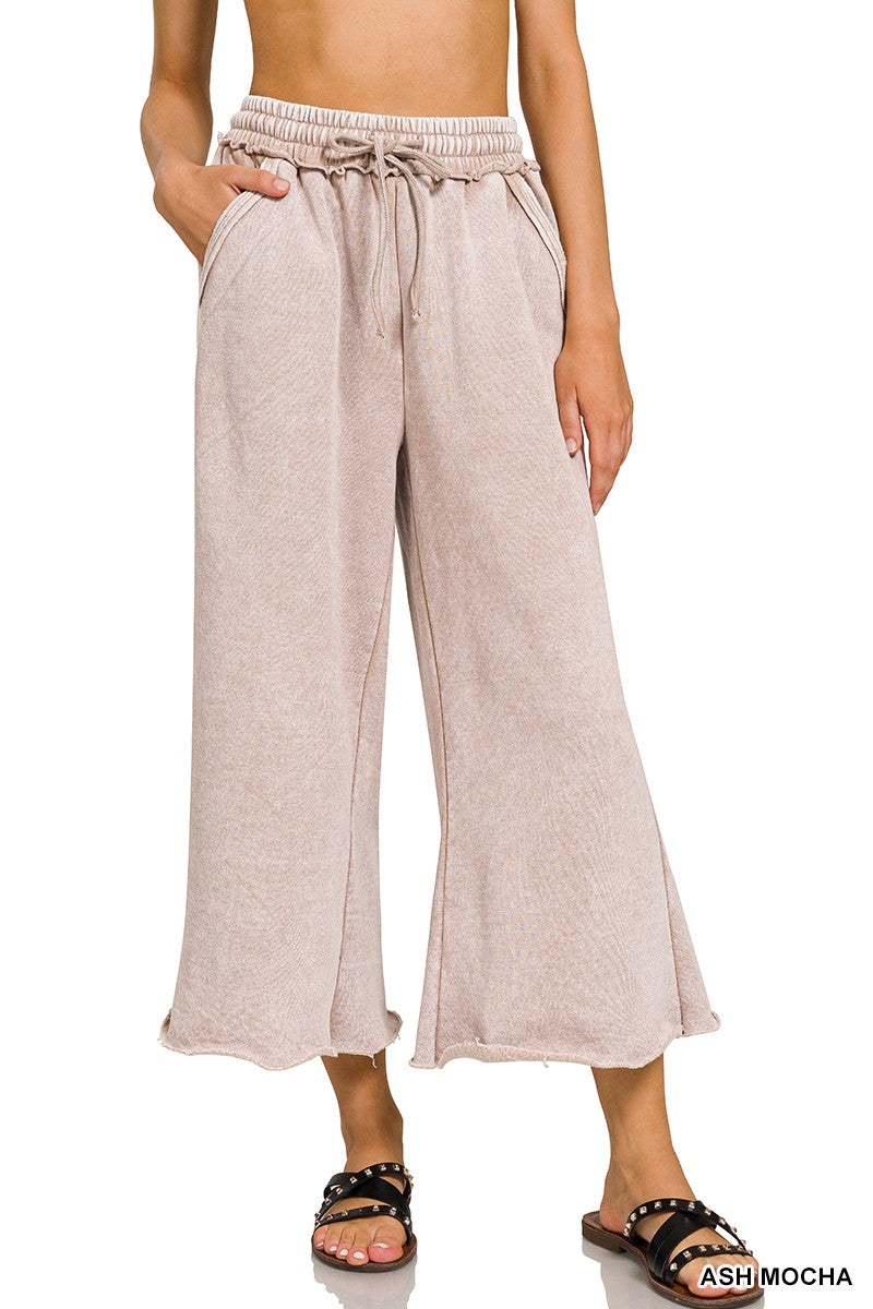 ACID WASH FLEECE CROP PALAZZO SWEATPANTS WITH POCKETS