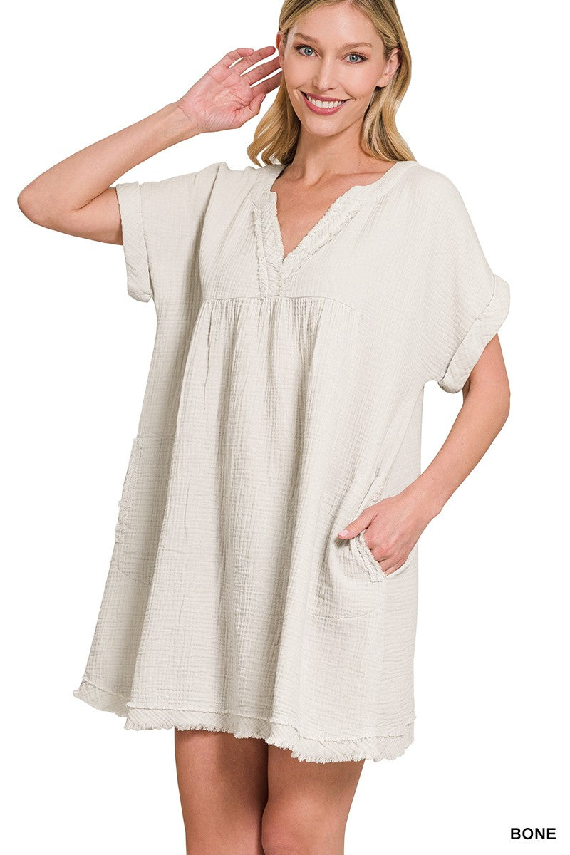 DOUBLE GAUZE RAW EDGE V-NECK DRESS ~ REG and PLUS SIZE