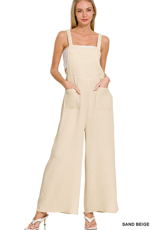 WASHED DOUBLE GAUZE ELASTIC WAIST WIDE OVERALLS in SAND BEIGE