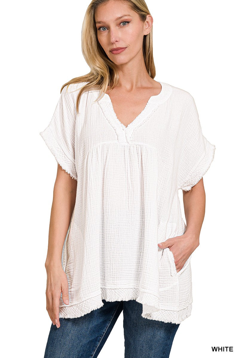 DOUBLE GAUZE RAW EDGE SHORT SLEEVE V-NECK SHIRT in WHITE