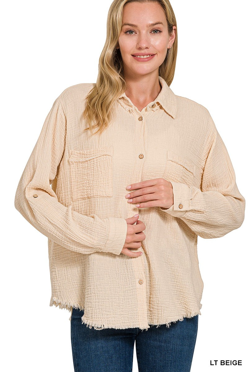 DOUBLE GAUZE BUTTON DOWN ROLL-UP LONG SLEEVE SHIRT in LT BEIGE