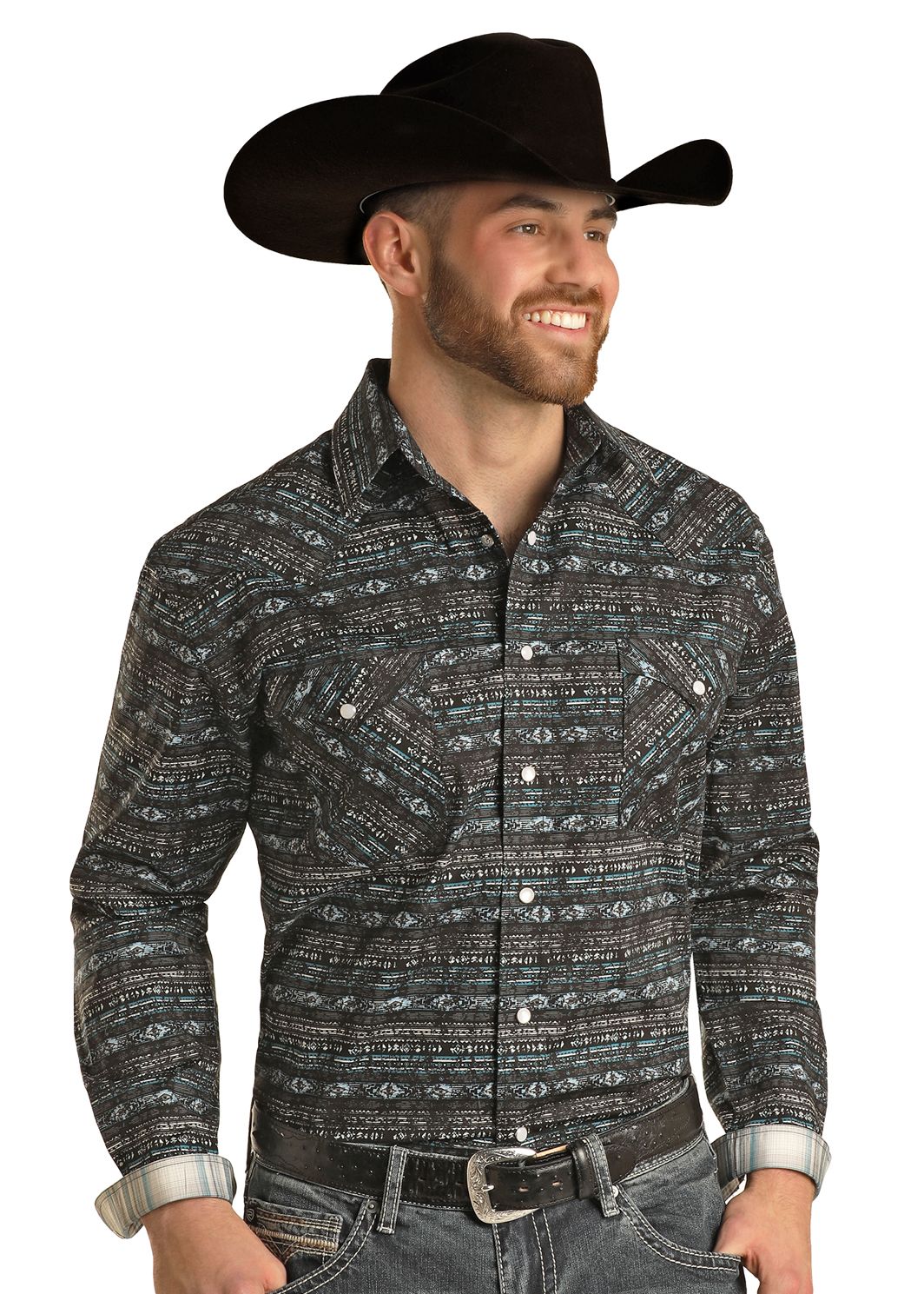 PANHANDLE MEN'S AZTEC PEARL SNAP SHIRT- TEAL