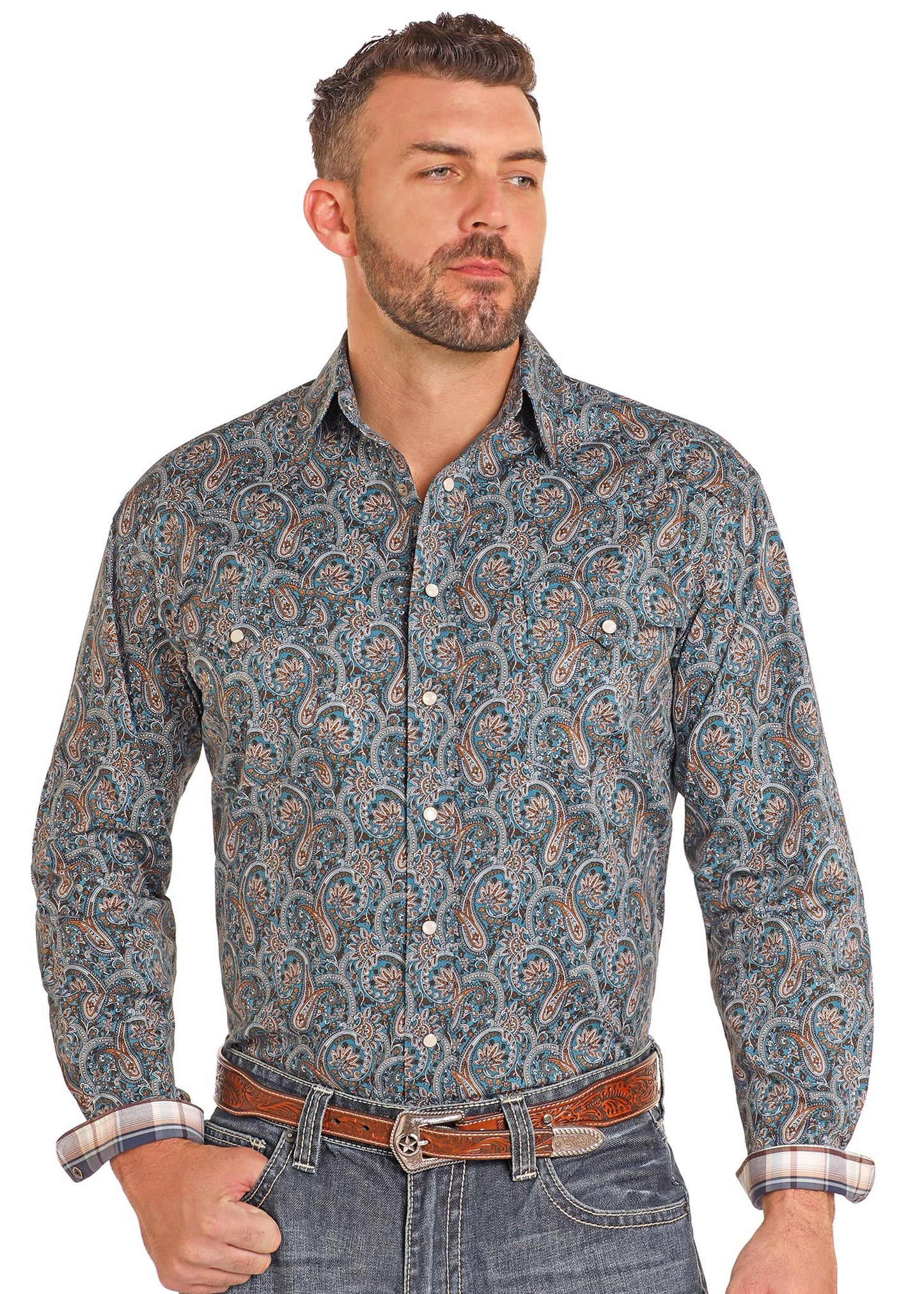 PANHANDLE MEN'S WESTERN PRINT PEARL SNAP SHIRT- TEAL