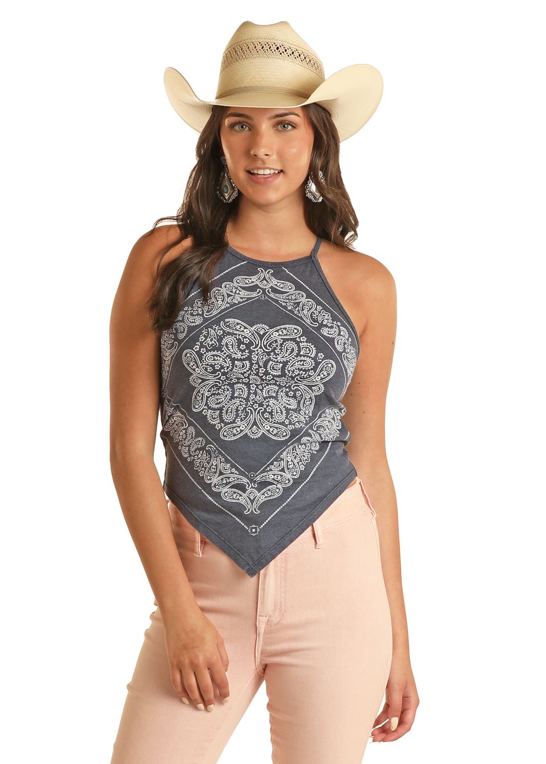 ROCK & ROLL COWGIRL WOMEN'S BANDANA BLUE GRAPHIC TANK