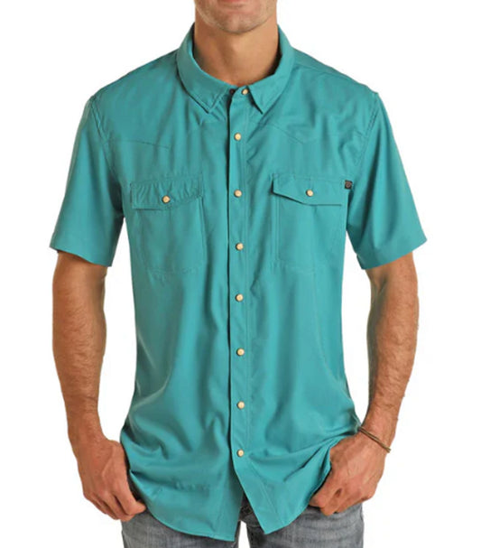 ROCK AND ROLL MEN'S SOLID SHORT SLEEVE RIPSTOP SHIRT in PEACOCK