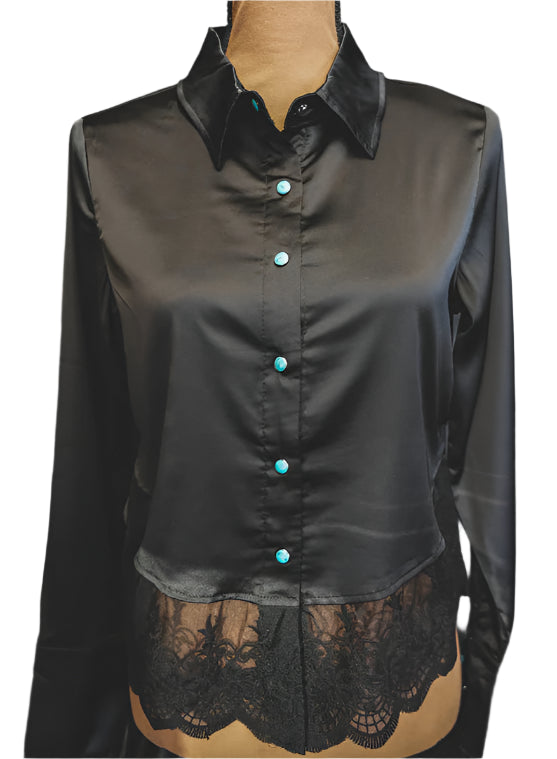 "TOP TIER" LADIES BLACK SATIN LONG SLEEVE LACE INSET BLOUSE