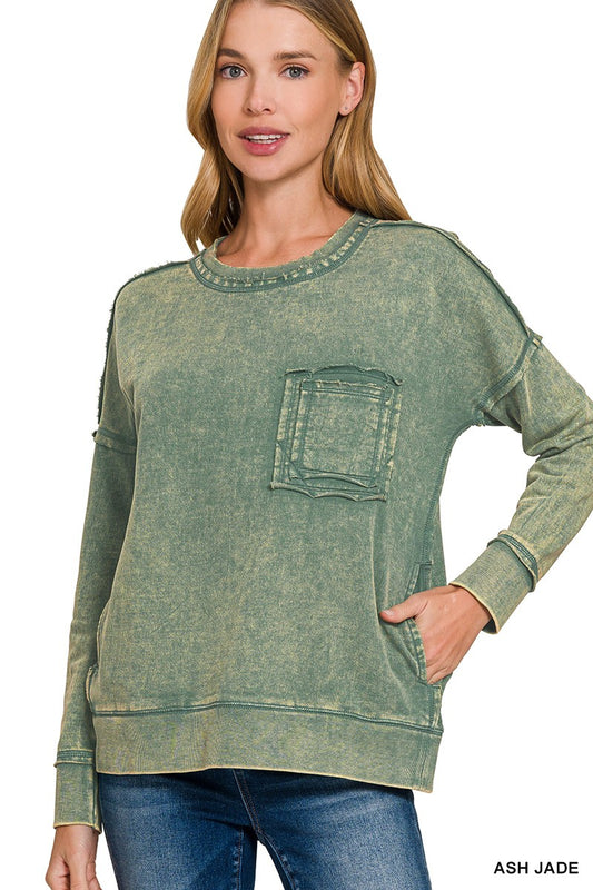 FRENCH TERRY ACID WASH FRONT POCKET PULLOVER in ASH JADE