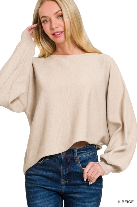 VISCOSE ASYMMETRIC HEM AND SLEEVE SWEATER in HEATHER BEIGE