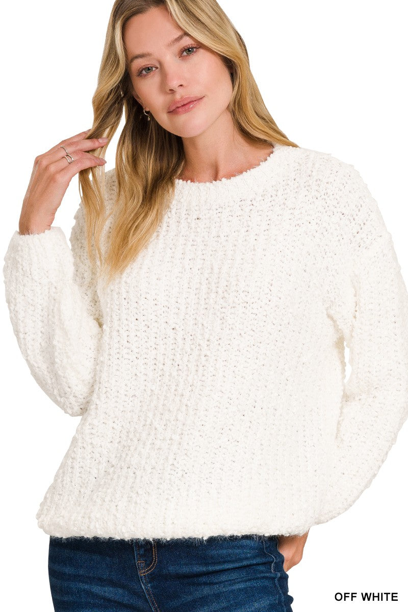 BRUSHED ROUND NECK SWEATER in OFF WHITE