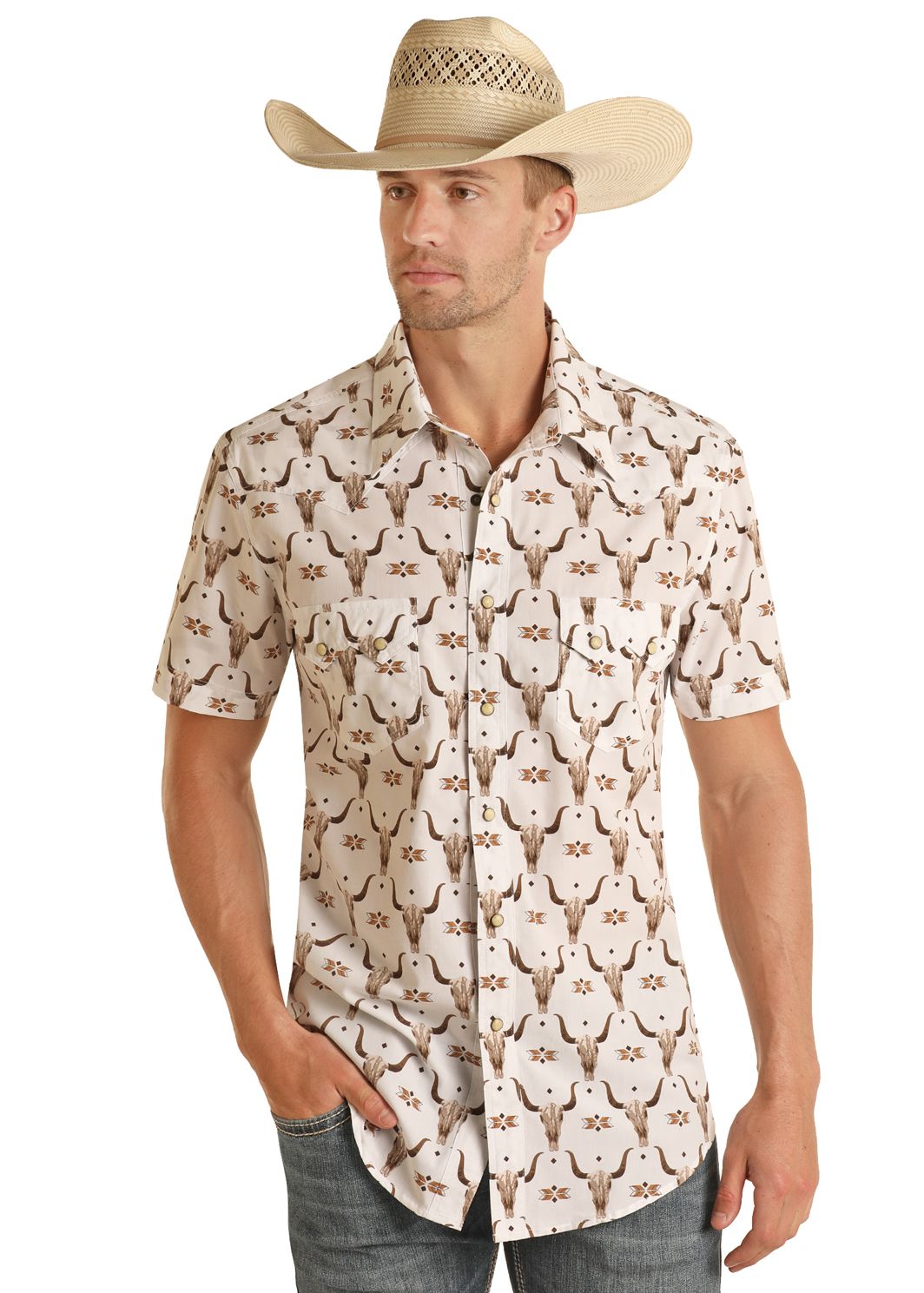 ROCK & ROLL LONGHORN PRINT SHORT SLEEVE MEN'S SHIRT- CREAM