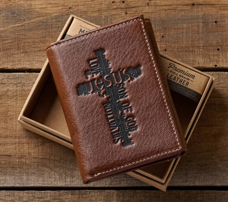 "NAME OF JESUS" BROWN LEATHER TRI-FOLD WALLET