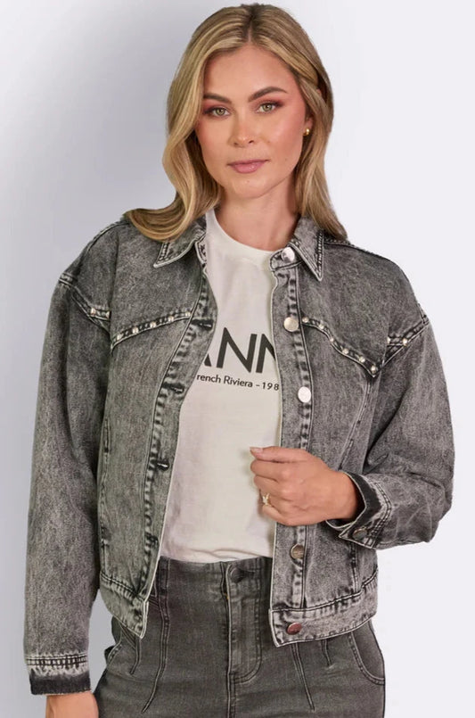 LADIES WESTERN STUDDED DENIM JACKET - BLACK WASH