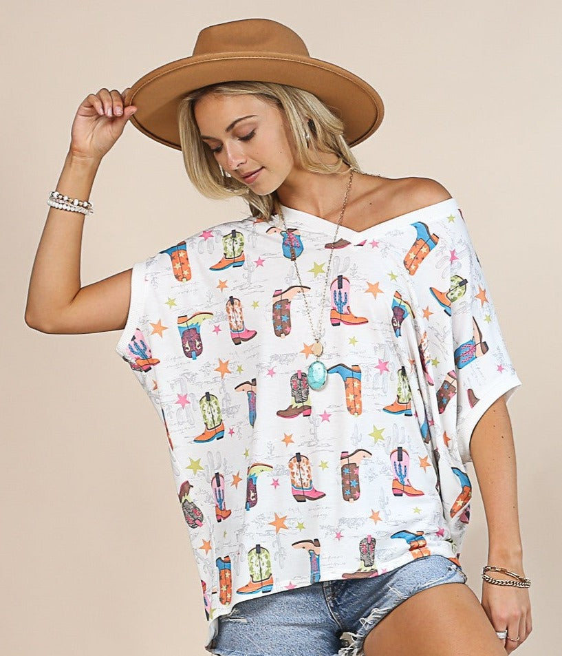 LADIES BOOTS PRINT RELAXED BOXY FIT V NECK TOP