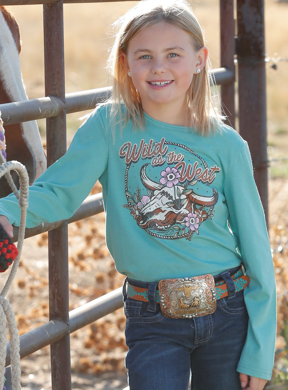 CRUEL GIRL GIRL'S LONG SLEEVE WILD AS THE WEST TEE in TURQUOISE