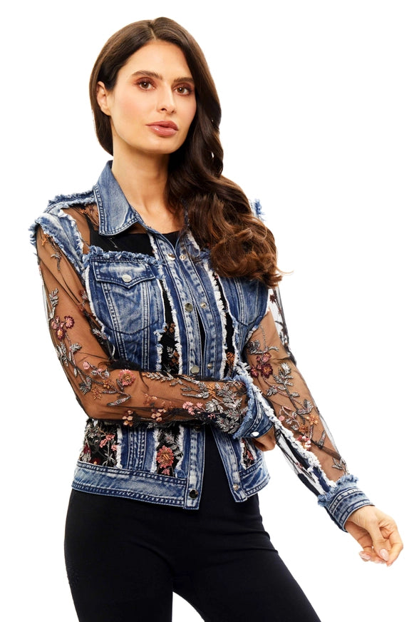 ADORE DENIM JACKET WITH FLORAL EMBROIDERY ON BLACK MESH