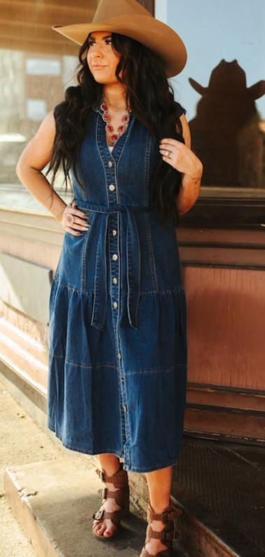 LADIES DARK WASH DENIM SLEEVELESS DRESS