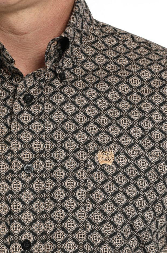 CINCH MEN'S LONG SLEEVE BLACK AND TAN PRINT BUTTON DOWN SHIRT