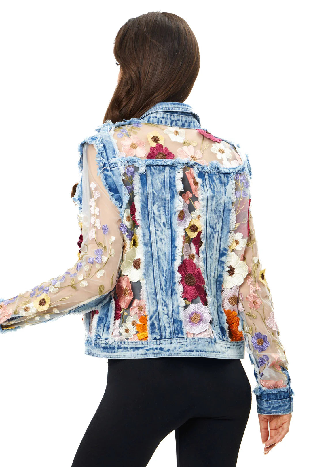 ADORE JACKET WITH BRIGHT FLORAL DETAIL in LIGHT WASH DENIM